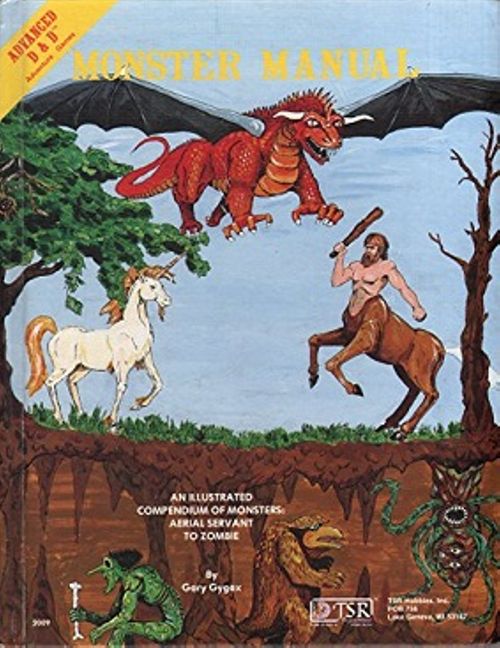 Couverture du manuel des monstres avec un dragon, un centaure, une licorne, un gobelin, etc.