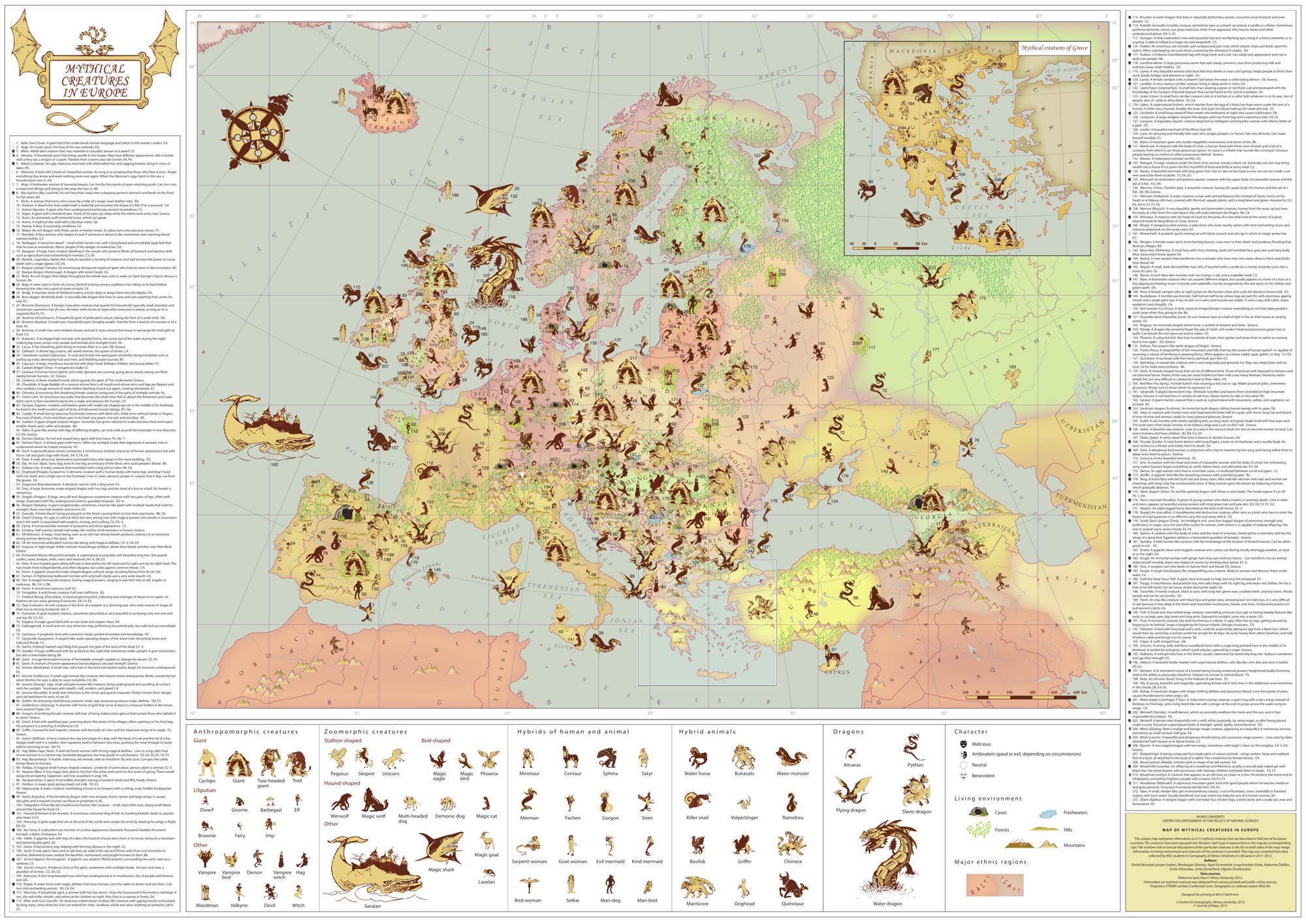 Carte des créatures mythiques d'Europe, par Giedrė Beconytė, Université de Vilnius